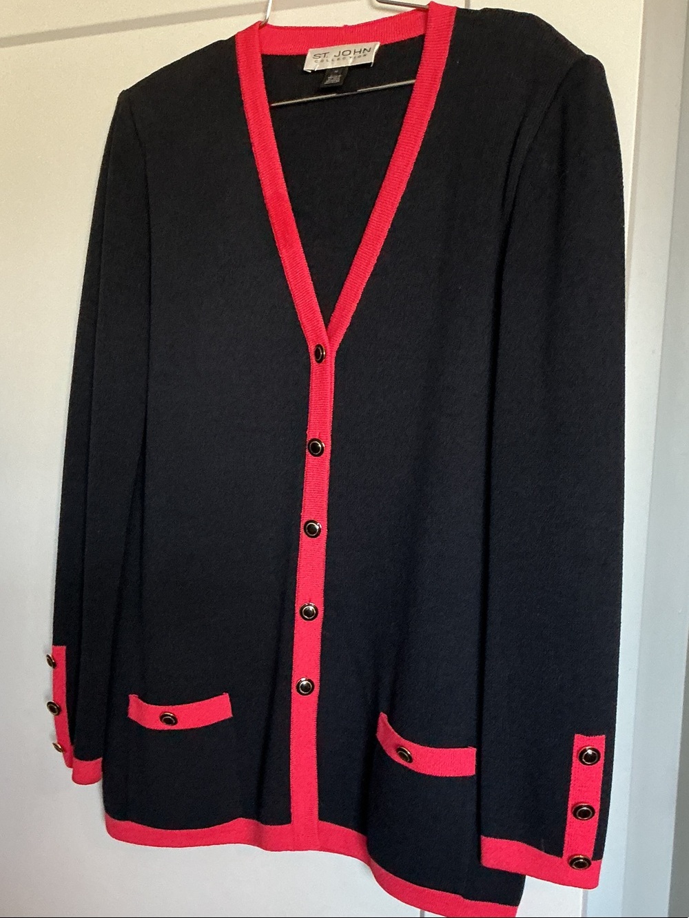 St. John Black Cardigan with Red Trim